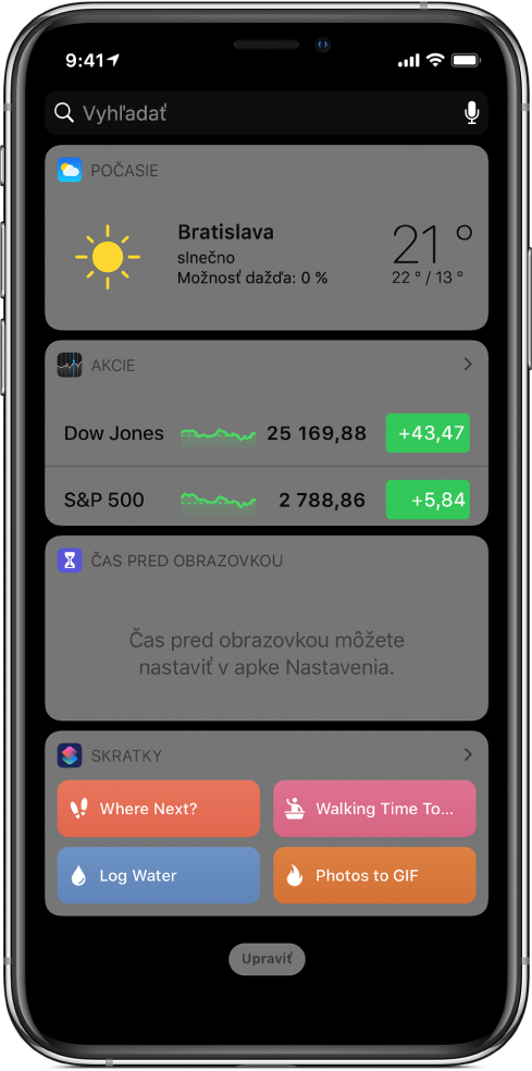 Widget Skratky v zobrazení Dnes na iPhone.