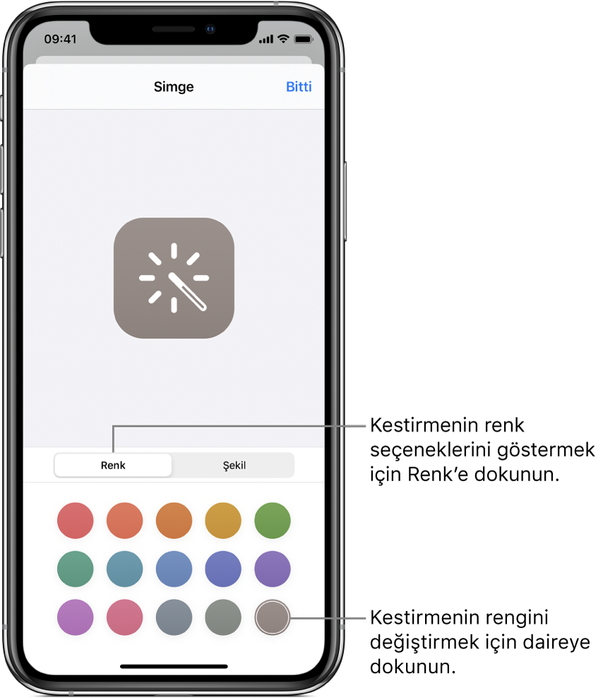 Kestirme için renk seçeneklerini gösteren Simge ekranı.