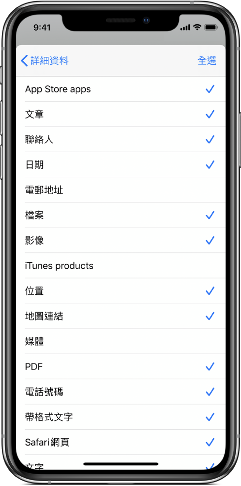 「共享工作表」輸入列表顯示從另一個 App 執行捷徑時可用的內容種類。