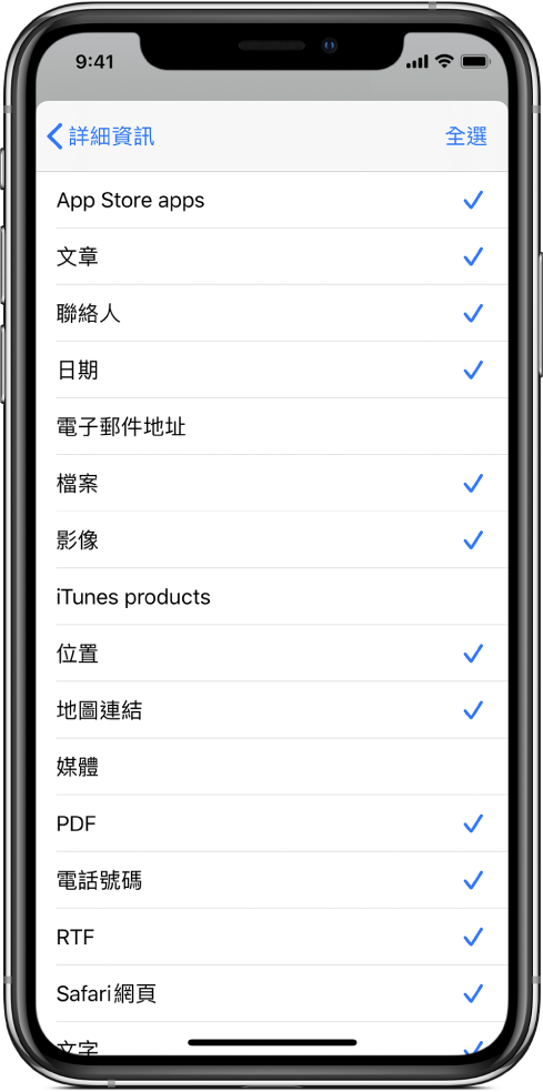 「共享工作表」輸入列表顯示從其他 App 執行時，捷徑可以使用的內容種類。