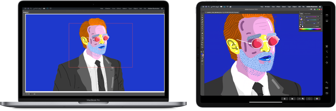 جهاز MacBook Pro و iPad جنبًا إلى جنب. يعرض الـ MacBook Pro عملاً فنيًا داخل نافذة المستكشف في Illustrator. يعرض الـ iPad نفس العمل الفني في نافذة مستند في Illustrator، محاطًا بأشرطة أدوات.