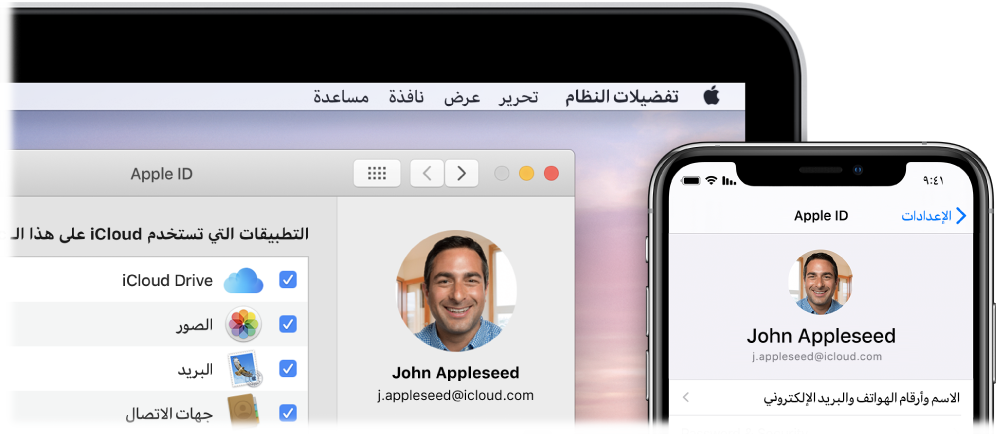 جهاز iPhone يعرض إعدادات iCloud وشاشة Mac تعرض نافذة iCloud.