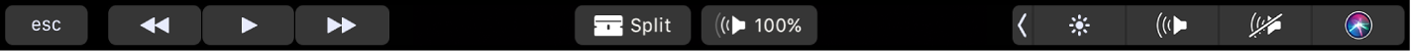 الـ Touch Bar الخاص بتطبيق iMovie أثناء تشغيل مقطع. توجد أزرار للإرجاع، والتشغيل، والتقديم السريع، والتقسيم، ومستوى الصوت.