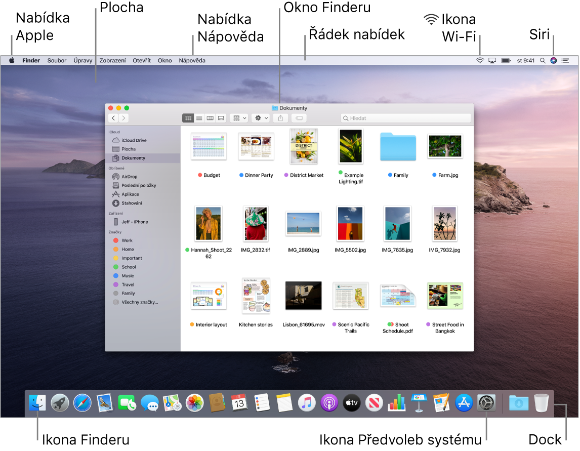 Obrazovka Macu, na níž je vidět nabídka Apple, plocha, nabídka Nápověda, okno Finderu, řádek nabídek, ikona Wi-Fi, ikona Siri, ikona Finderu, ikona předvoleb systému a Dock