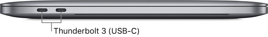 Pohled zleva na MacBook Pro s popisky portů Thunderbolt 3 (USB‑C)