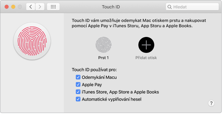 Okno předvoleb Touch ID s volbami pro přidání otisku prstu a použití Touch ID k odemykání Macu, placení pomocí Apple Pay a nakupování v iTunes Storu, App Storu a Knihkupectví