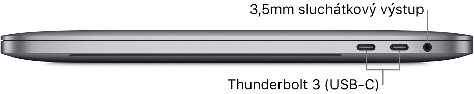 Pohled zprava na MacBook Pro s popisky dvou portů Thunderbolt 3 (USB‑C) a 3,5mm sluchátkové zdířky