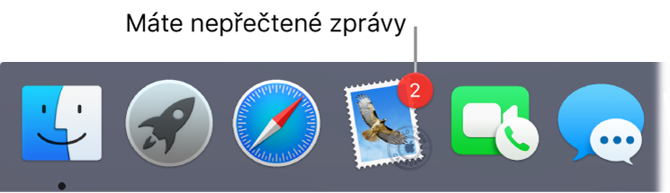 Část Docku s ikonou aplikace Mail a odznakem informujícím o nepřečtených zprávách