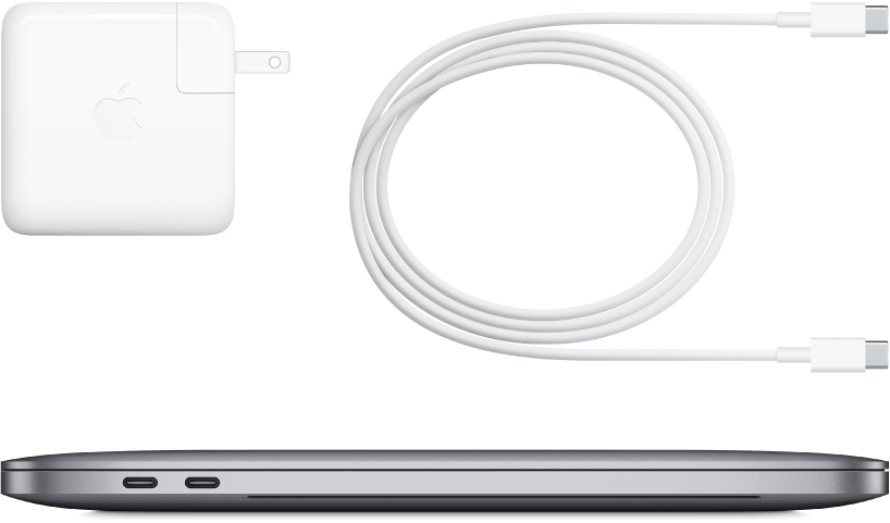 Boční pohled na 13palcový MacBook Pro s dodávaným příslušenstvím