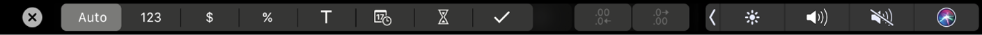 Touch Bar til Numbers med formateringsknapperne vist. Disse inkluderer valuta, procent, tal, tekst, dato, varighed og tjekliste.