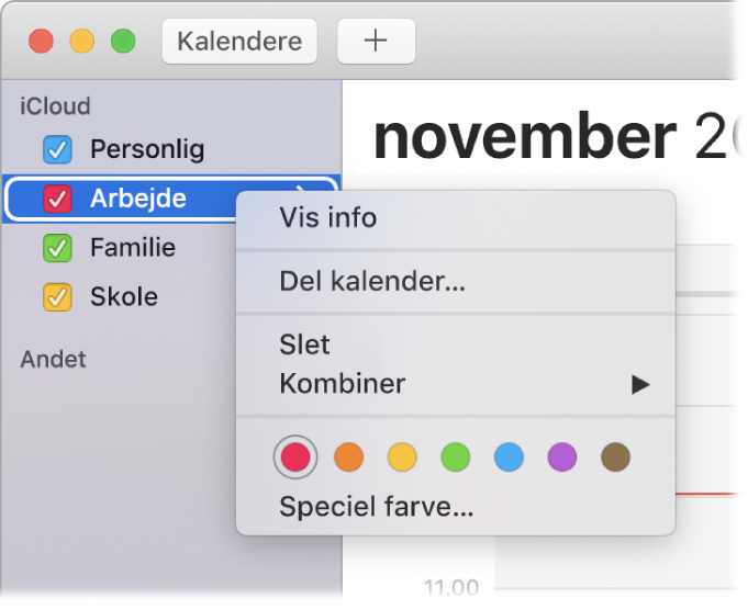 Genvejsmenu til Kalender med muligheder til tilpasning af en kalenders farve.