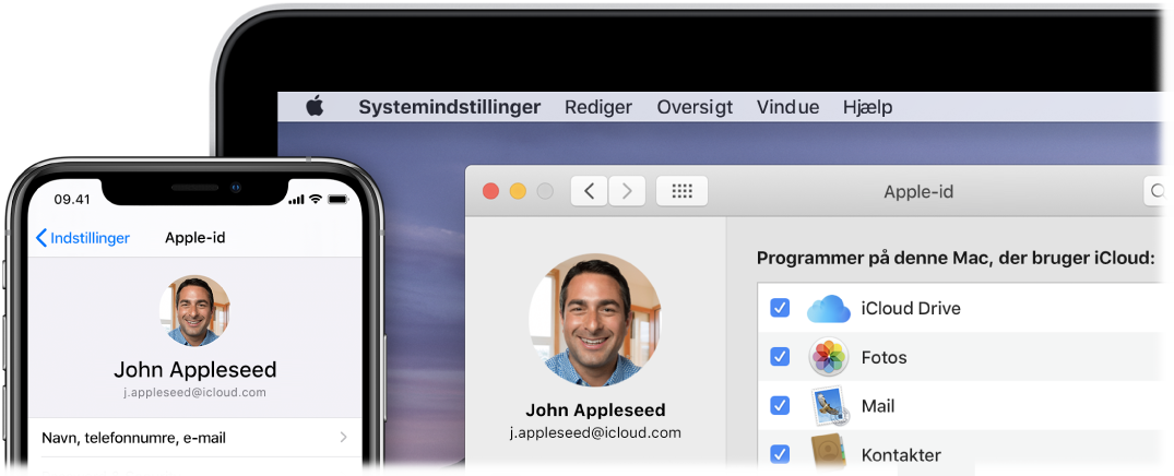 En iPhone viser iCloud-indstillinger og en Mac-skærm viser iCloud-vinduet.
