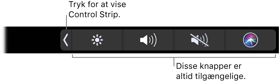 Et billede af en del af en Touch Bar (standard), som viser den komprimerede Control Strip. Tryk på udvidknappen for at se hele Control Strip.