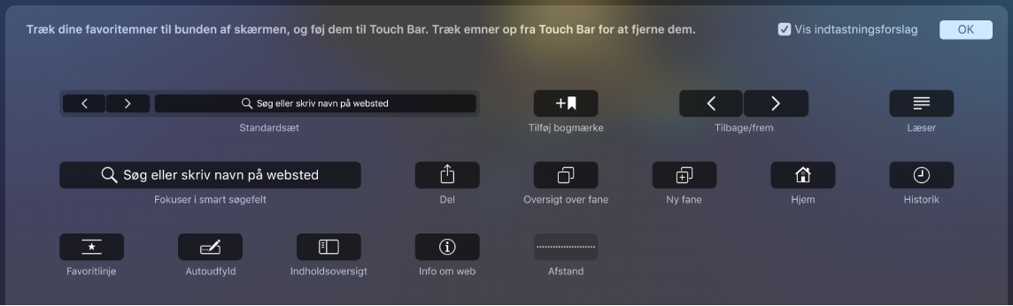 Indstillingerne for tilpasning af Safari, som kan trækkes til Touch Bar.