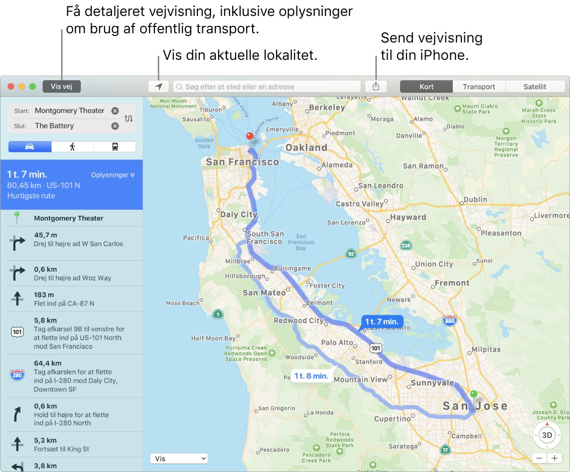 Et vindue i Kort, der viser, hvordan du får vejvisning ved at klikke på Vis vej øverst til venstre, og hvordan du sender vejvisning til iPhone ved at bruge knappen Del.