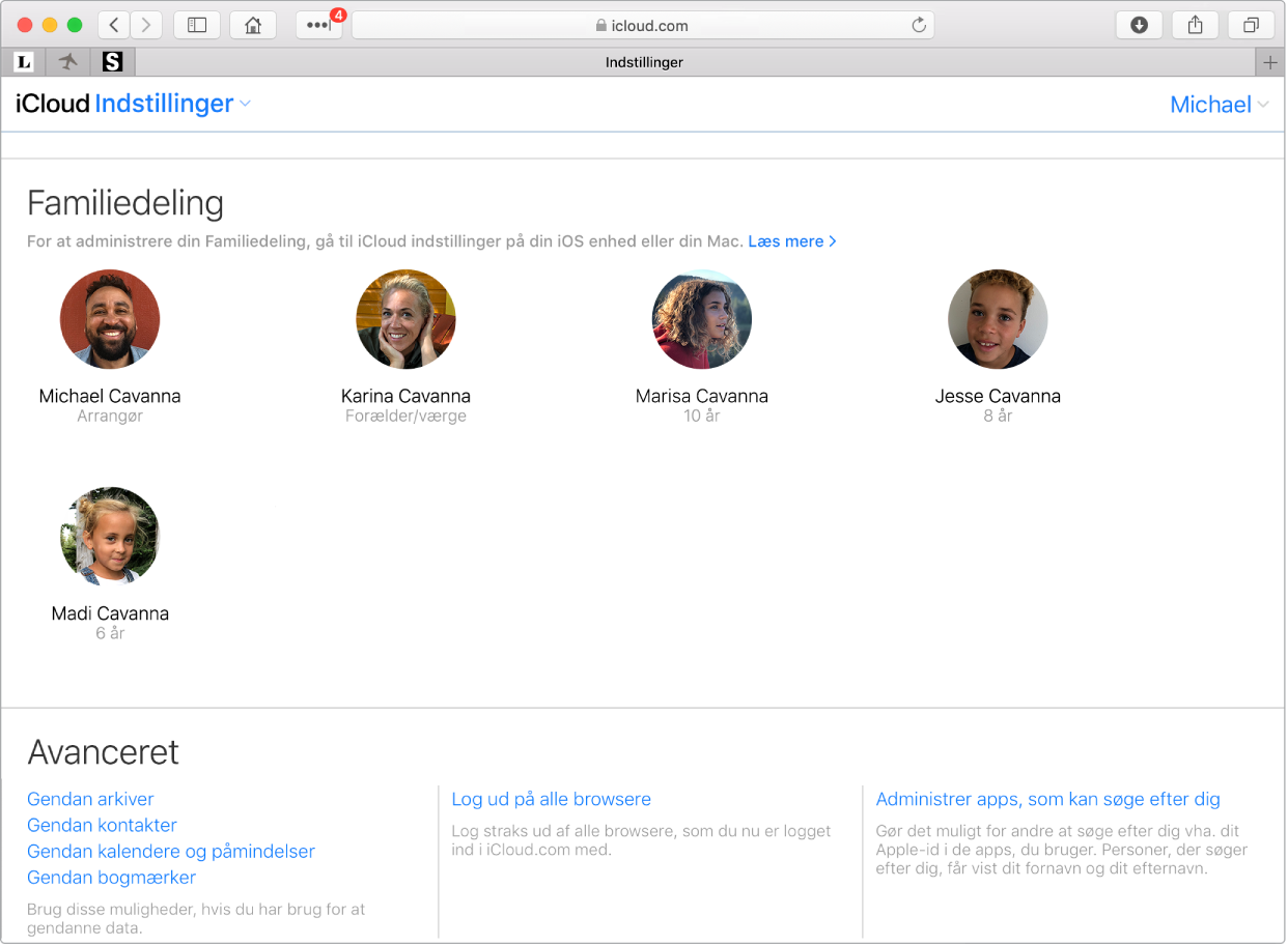 Et Safari-vindue viser indstillinger til Familiedeling på iCloud.com.