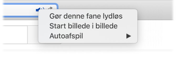 Undermenuen til symbolet Lyd med Gør denne fane lydløs, Start billede i billede og Afspil automatisk emner.