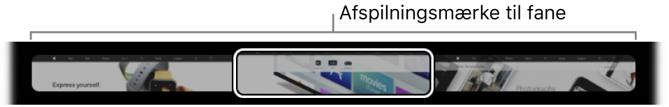 Afspilningsmærket til fane på Touch Bar til Safari. Afspilningsmærket viser et lille eksempel fra hver fane, som er åben.