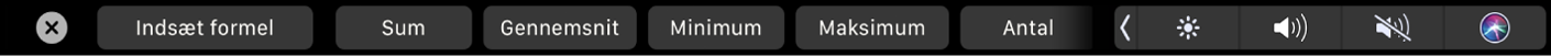 Touch Bar til Numbers med formelknapperne. Disse inkluderer sum, gennemsnit, minimum, maksimum og tæl.