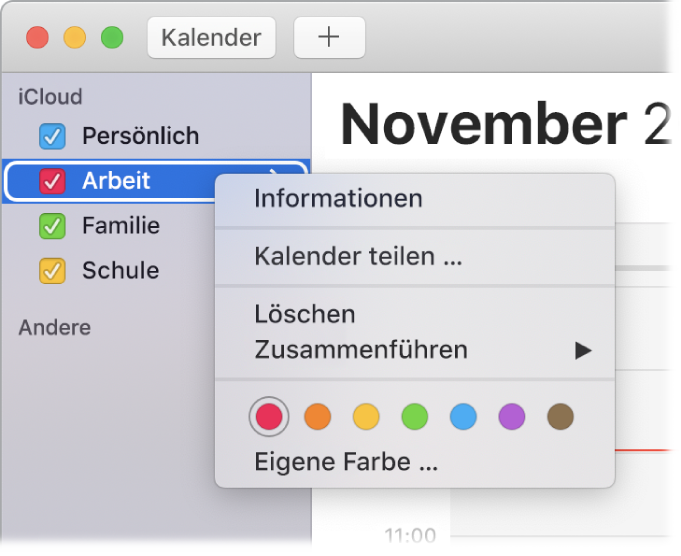 Das Kontextmenü „Kalender“ mit Optionen zum Anpassen der Farbe eines Kalenders