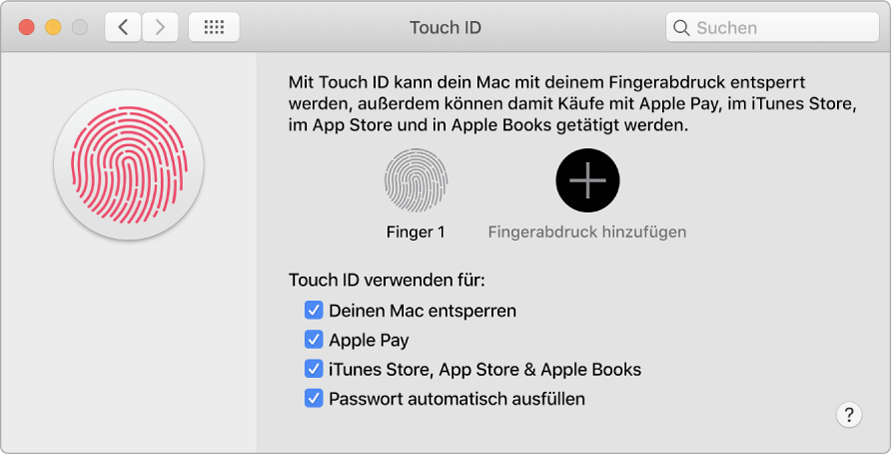 Das Fenster mit den Touch ID-Einstellungen mit Optionen zum Hinzufügen eines Fingerabdrucks sowie zum Verwenden von Touch ID zum Entsperren des Mac, zum Verwenden von Apple Pay sowie zum Tätigen von Käufen im iTunes Store, App Store und Books Store.