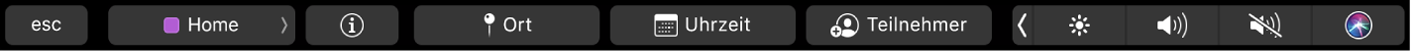 Die Kalender-Touch Bar mit Tasten zum Auswählen von Kalendern, zum Anzeigen von Ereignisdetails, zum Bearbeiten von Ort und Zeit sowie zum Hinzufügen von Teilnehmern