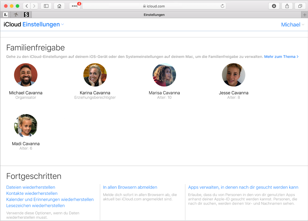 Safari-Fenster mit den Einstellungen „Familienfreigabe“ auf iCloud.com
