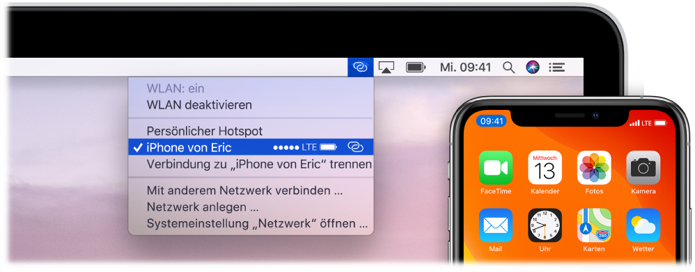 Der Mac-Bildschirm mit dem WLAN-Menü, in dem ein mit dem iPhone verbundener persönlicher Hotspot zu sehen ist