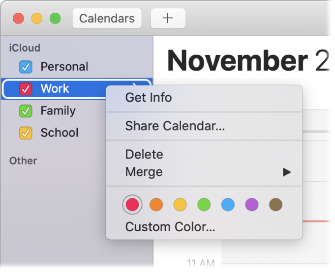 Calendar shortcut menu with options for customizing a calendar’s color.
