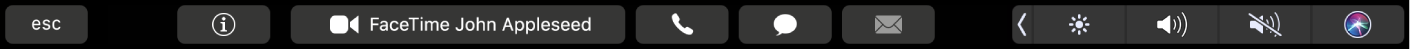 The FaceTime Touch Bar displaying buttons for getting info about a contact, and for making a video or audio call, or sending a message or email.