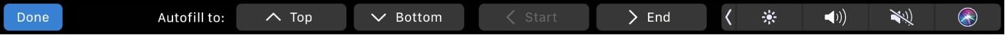 The Numbers Touch Bar with Autofill buttons displayed. These include top, bottom, start, and end.