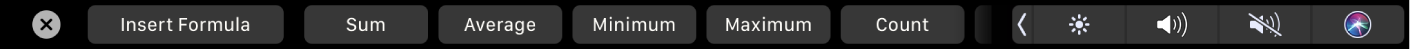 The Numbers Touch Bar displaying the Formula buttons. These include sum, average, minimum, maximum, and count.