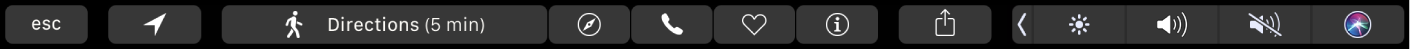The Maps Touch Bar, showing how you can tap directions to get a route, or tap the Safari, call, favorite, and info buttons.