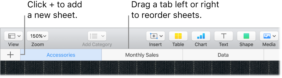 A Numbers window showing how to add a new sheet and how to reorder sheets.