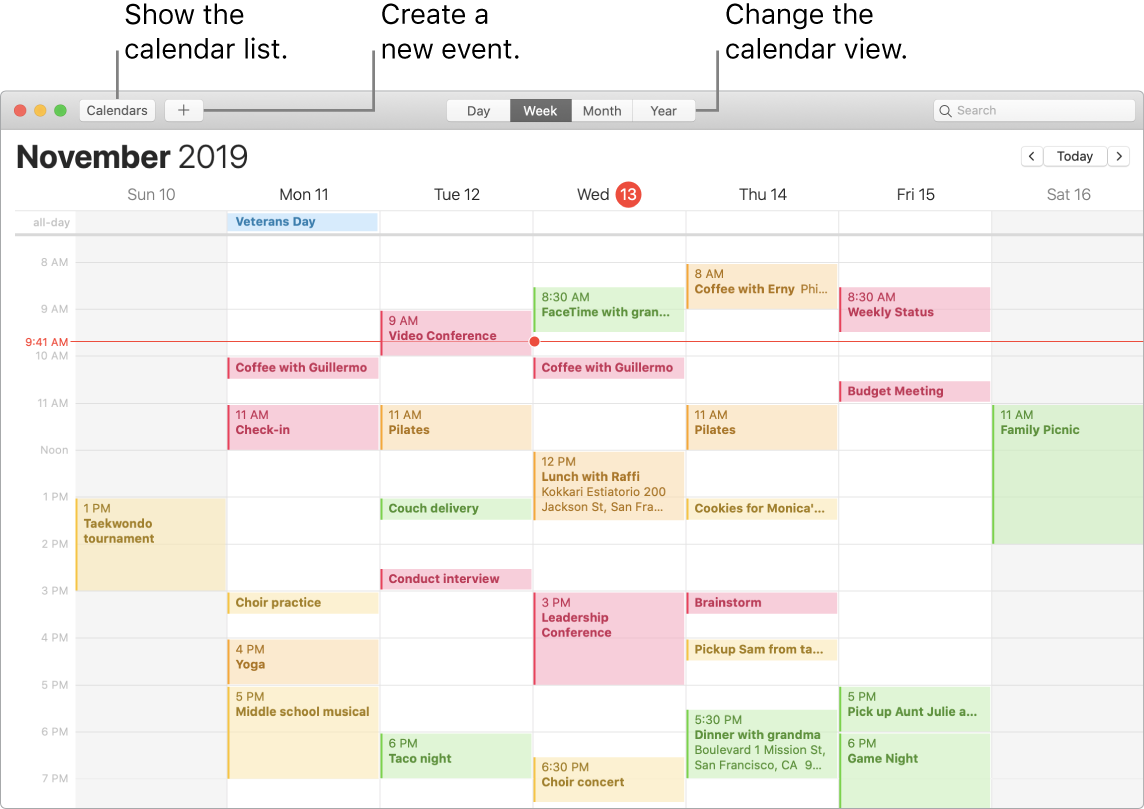 A Calendar window showing how to create an event, show the calendar list, and choose Day, Week, Month, or Year view.