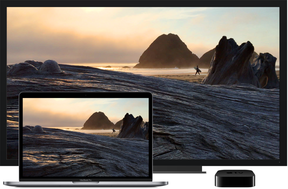 A MacBook Pro with its content mirrored on a large HDTV using an Apple TV.