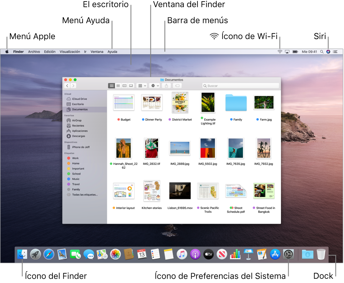 La pantalla de una Mac mostrando el menú Apple, el escritorio, el menú Ayuda, una ventana del Finder, la barra de menús, el ícono de Wi-Fi, el ícono de Pedirle a Siri, el ícono del Finder, el ícono de Preferencias del Sistema y el Dock.
