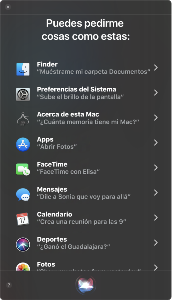 Una ventana de Siri con el encabezado "Puedes pedirme cosas como estas" y ejemplos de peticiones de Siri, tales como "¿Ganó el Guadalajara?".