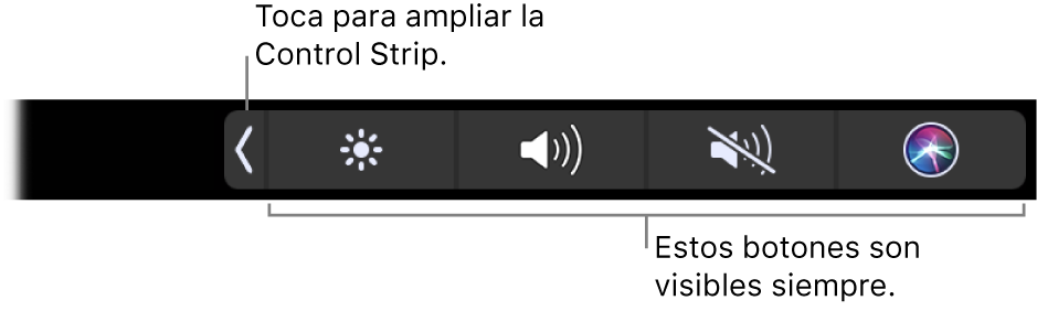 Pantalla parcial que muestra la Touch Bar por omisión, donde se ve la Control Strip contraída. Toca el botón Expandir para ver toda la Control Strip.