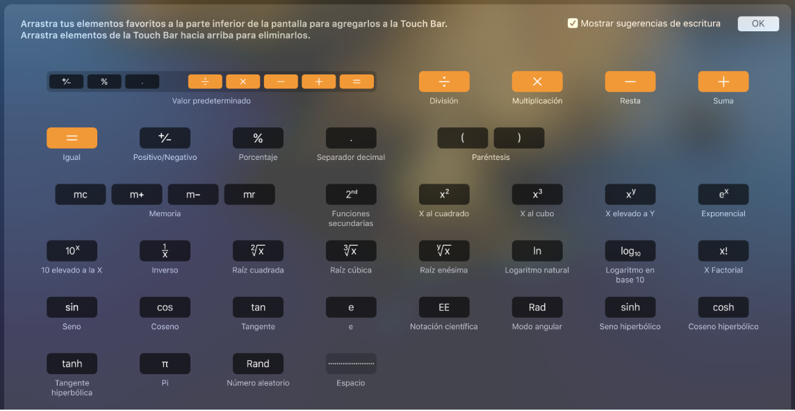 Los elementos que puedes personalizar en Touch Bar de Calculadora con sólo arrastrarlos hacia Touch Bar.