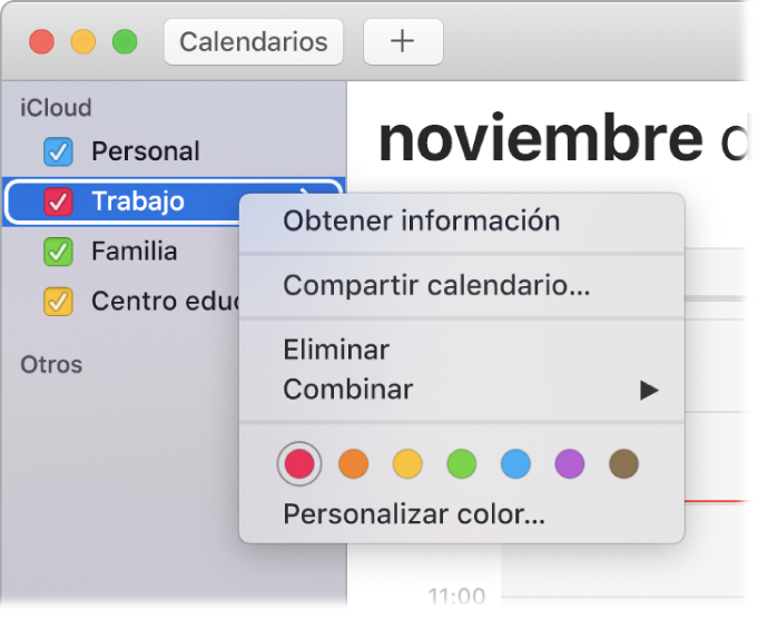 Menú de función rápida de Calendario con opciones para personalizar el color de un calendario.