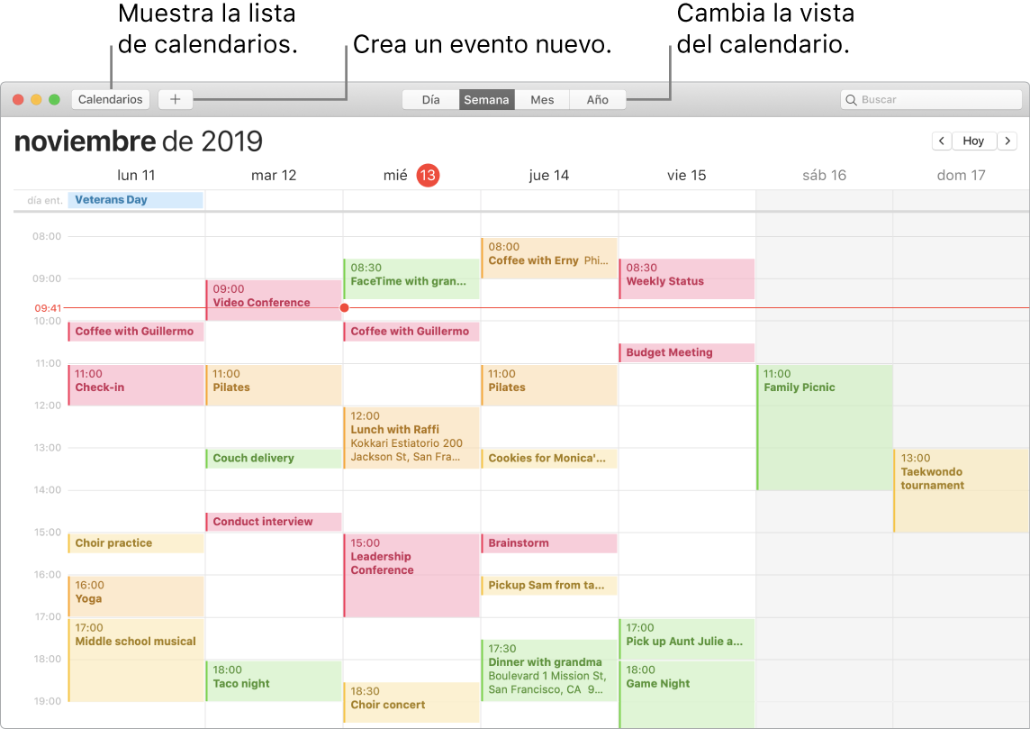 Ventana de Calendario mostrando cómo crear un evento, mostrar la lista de calendarios y seleccionar la vista por días, semanas, meses o años.