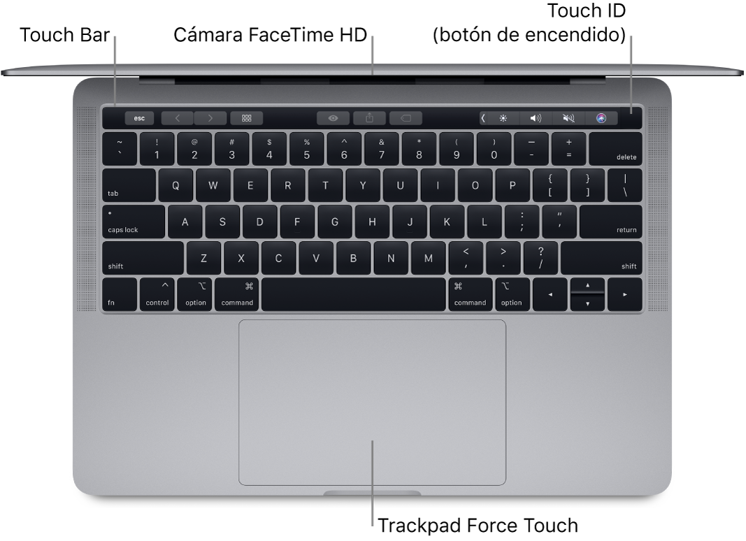 Visualización superior de una MacBook Pro abierta, con textos que indican la Touch Bar, la cámara FaceTime HD, el sensor Touch ID (el botón de encendido) y el trackpad Force Touch.