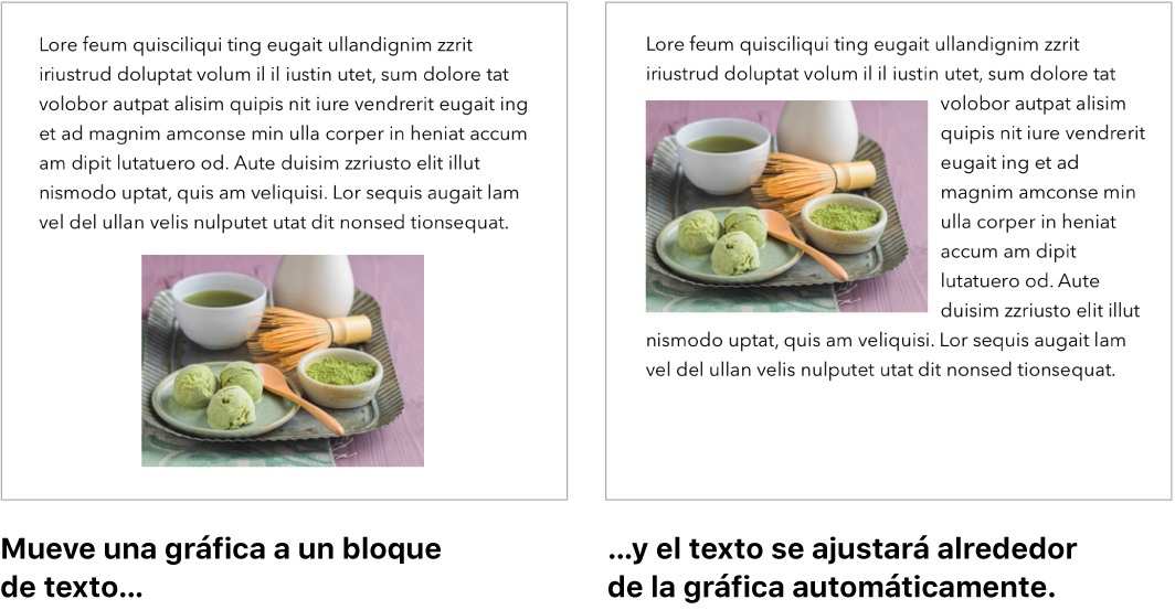 Una ventana de Pages mostrando cómo el texto se ajusta alrededor de las imágenes.
