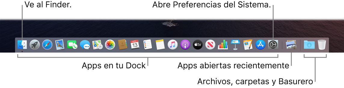 El Dock mostrando el Finder, Preferencias del Sistema y la línea que divide las apps de las carpetas y archivos.