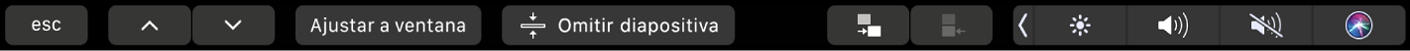 Touch Bar de Keynote con los botones de flecha, el botón de Zoom, el botón omitir dispositiva, el botón de sangría y el botón de sangría derecha.