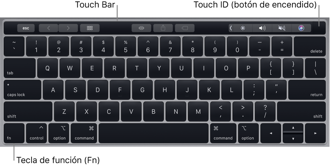 El teclado de la MacBook Pro mostrando la Touch Bar, el sensor Touch ID (el botón de encendido) y la tecla de función Fn en la esquina inferior izquierda.