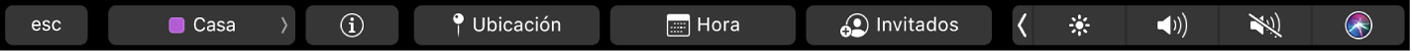 Touch Bar de Calendario con los botones para seleccionar calendarios, ver los detalles de los eventos, editar la ubicación o la hora, y agregar invitados.