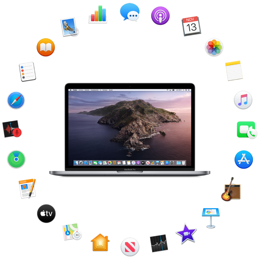 Una MacBook Pro rodeada de íconos de las apps pre-instaladas y que se describen en las siguientes secciones.