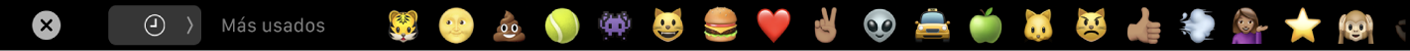 La Touch Bar de Mensajes con opciones de emojis usados frecuentemente y el botón para seleccionar las diferentes categorías de emoji.